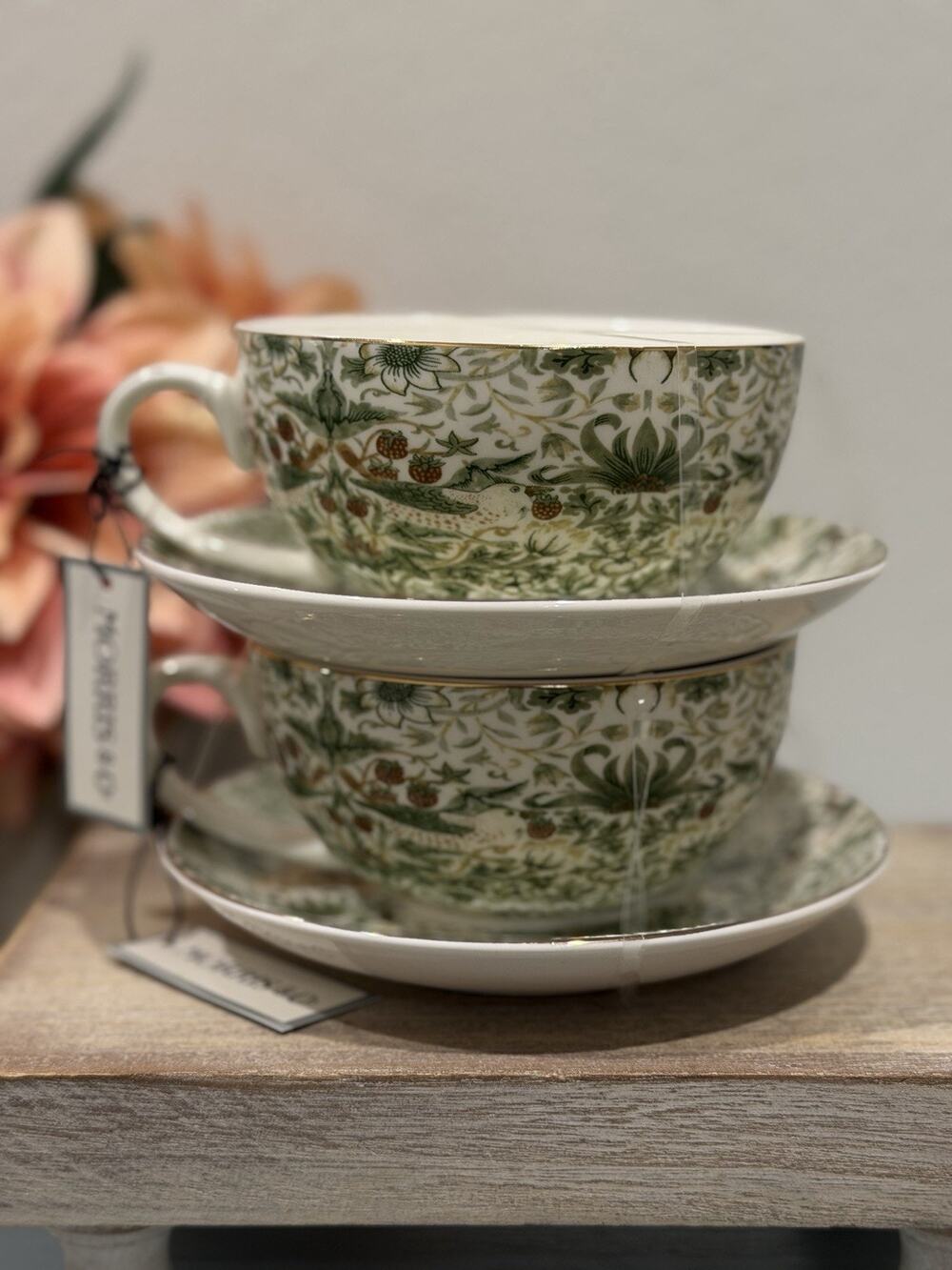 Morris & Co. Strawberry Thief Green Floral Tea Cup & Saucer Set NEW Set Of 2